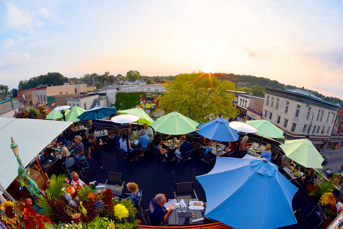 A rooftop bar with umbrellas 